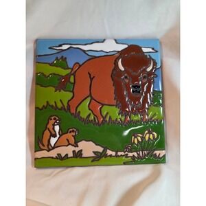 Earthtones Hand Glazed Art Tile American Bison Prairie Dog 6x6 Made in USA 4857A